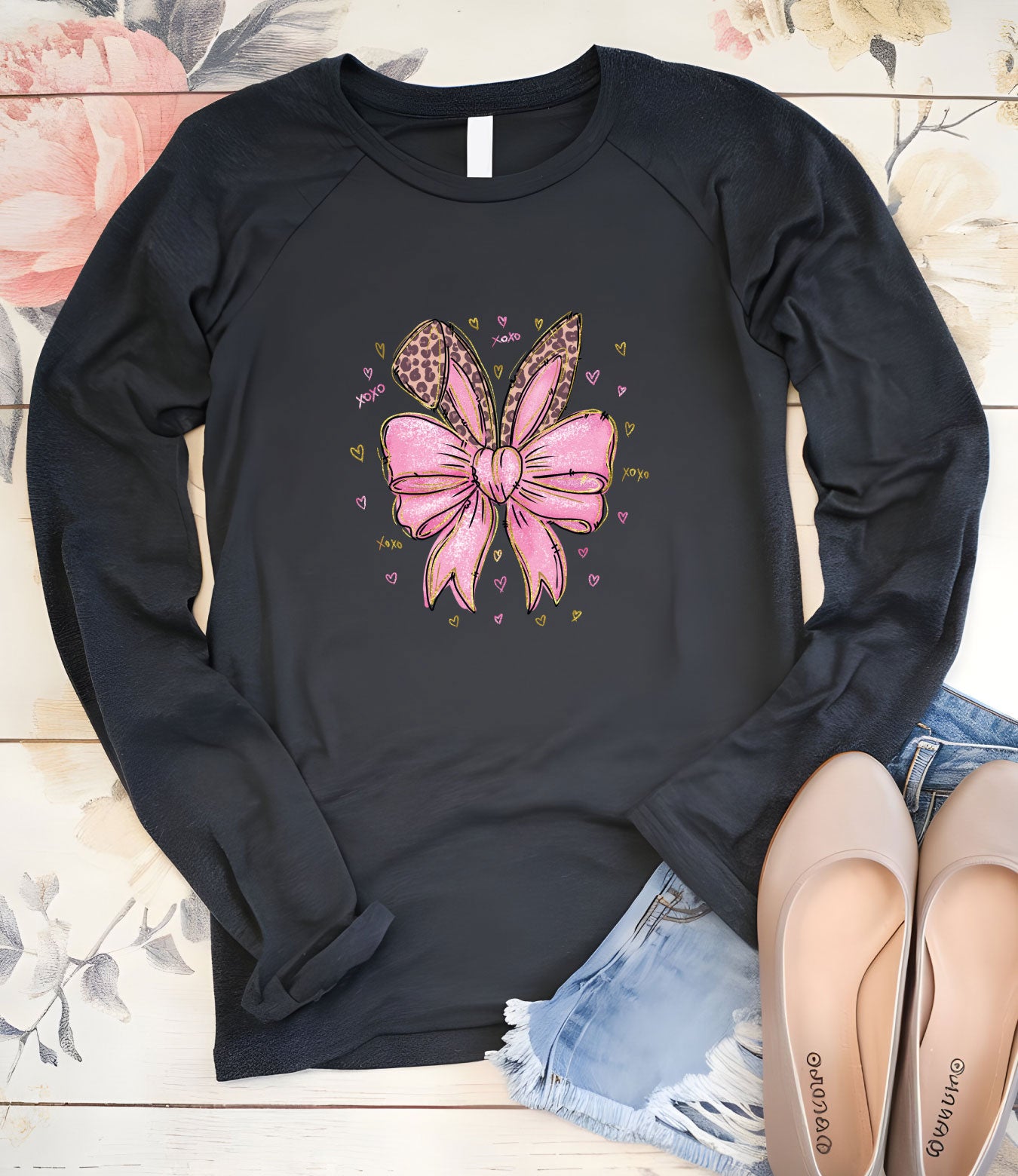 Leopard Bunny Ears With Pink Bow Long Sleeve Shirts