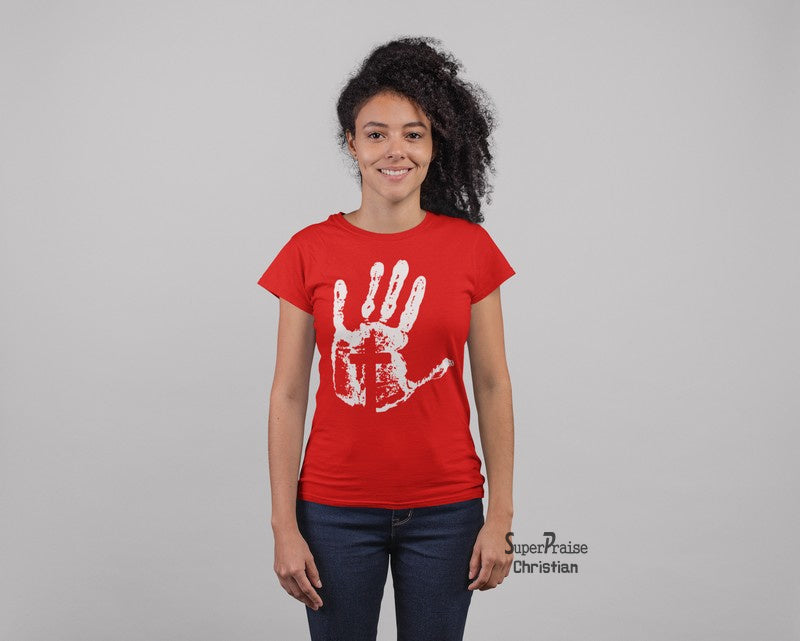 Christian Women T shirt Cross on Hand Red tee