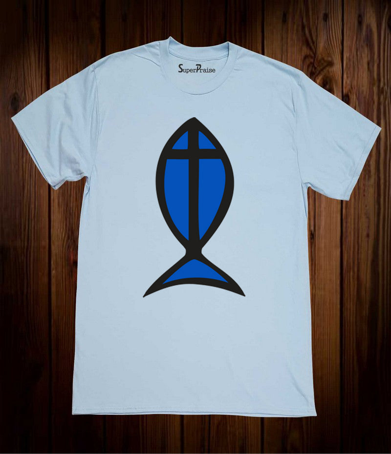 Fish Cross Sign Christian Church Religious Church Easter Christmas Sky Blue T Shirt