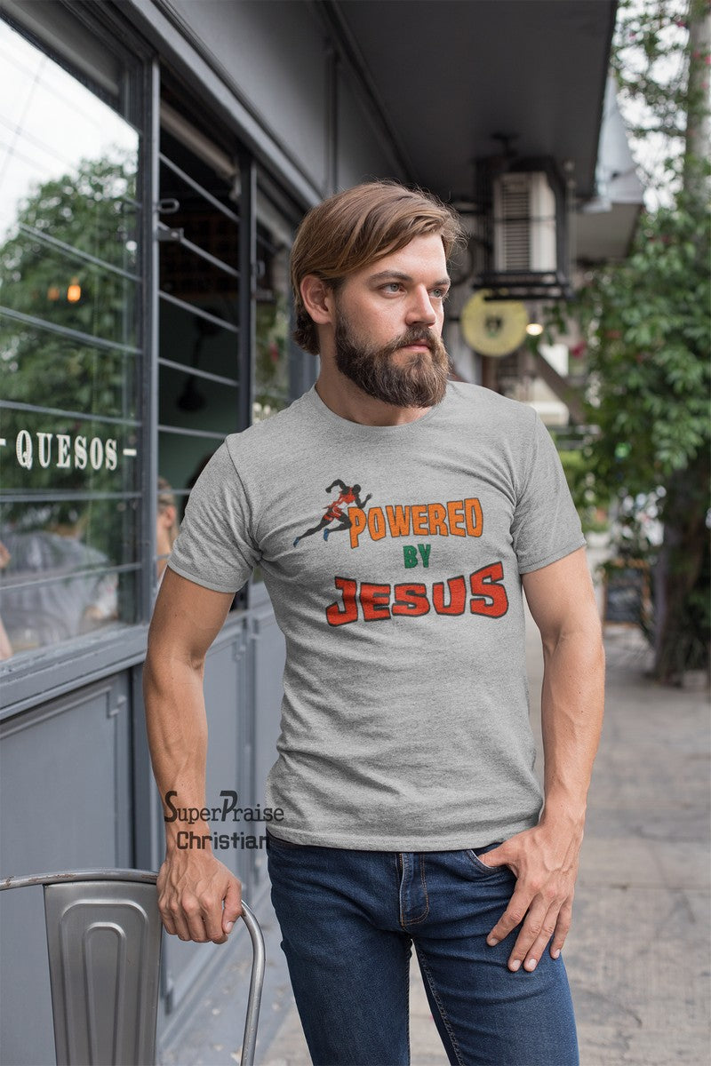 Powered by Jesus Champion Fast Runner Athletics Sports Gym Christian T Shirt - SuperPraiseChristian