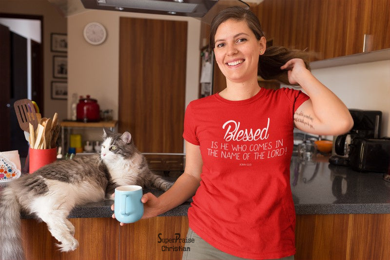 Christian Women T shirt BLESSED The Name Of God red Tee
