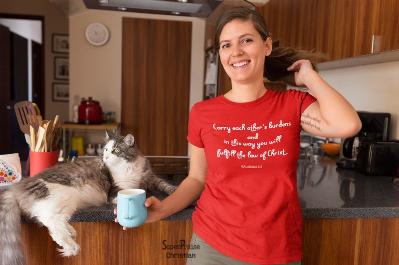 Women Christian T shirt Carry Each Other Law Of Christ Red tee