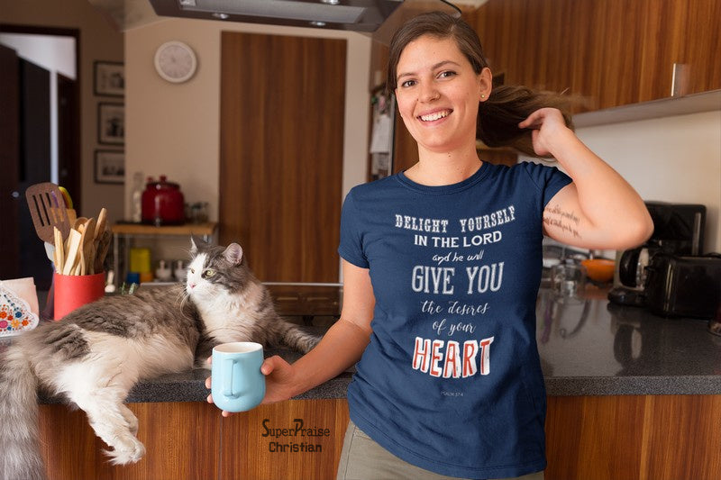 Christian Women T shirt Delight Yourself in the Lord Navy tshirt