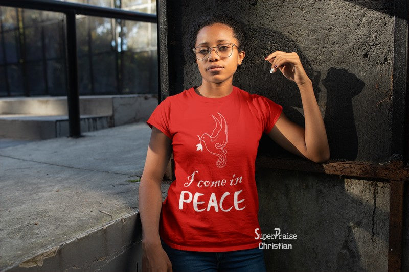 Christian Women T shirt I Come In Peace Symbol Teachings Gospel