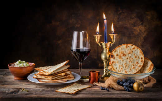 A Passover Seder Plate setting with a glass of kosher for passover wine, a lit menorah and matzah