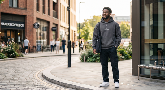 A man standing in a bustling city with a Christian Hoodie on.