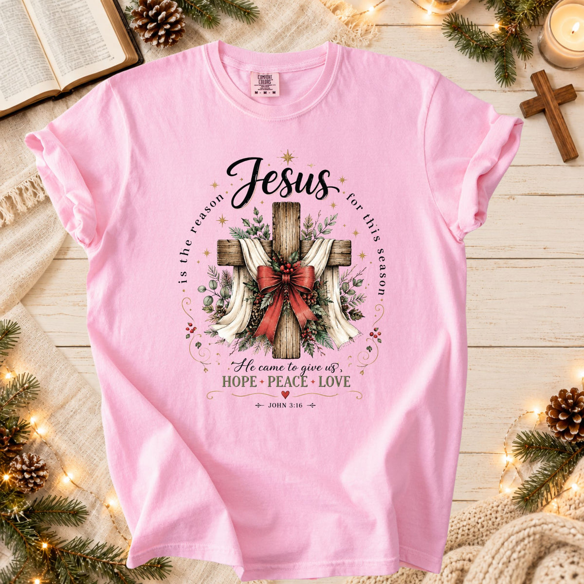 Jesus Is The Reason For This Season Christmas T Shirt, Christian Cross Red Bow Graphic Tee