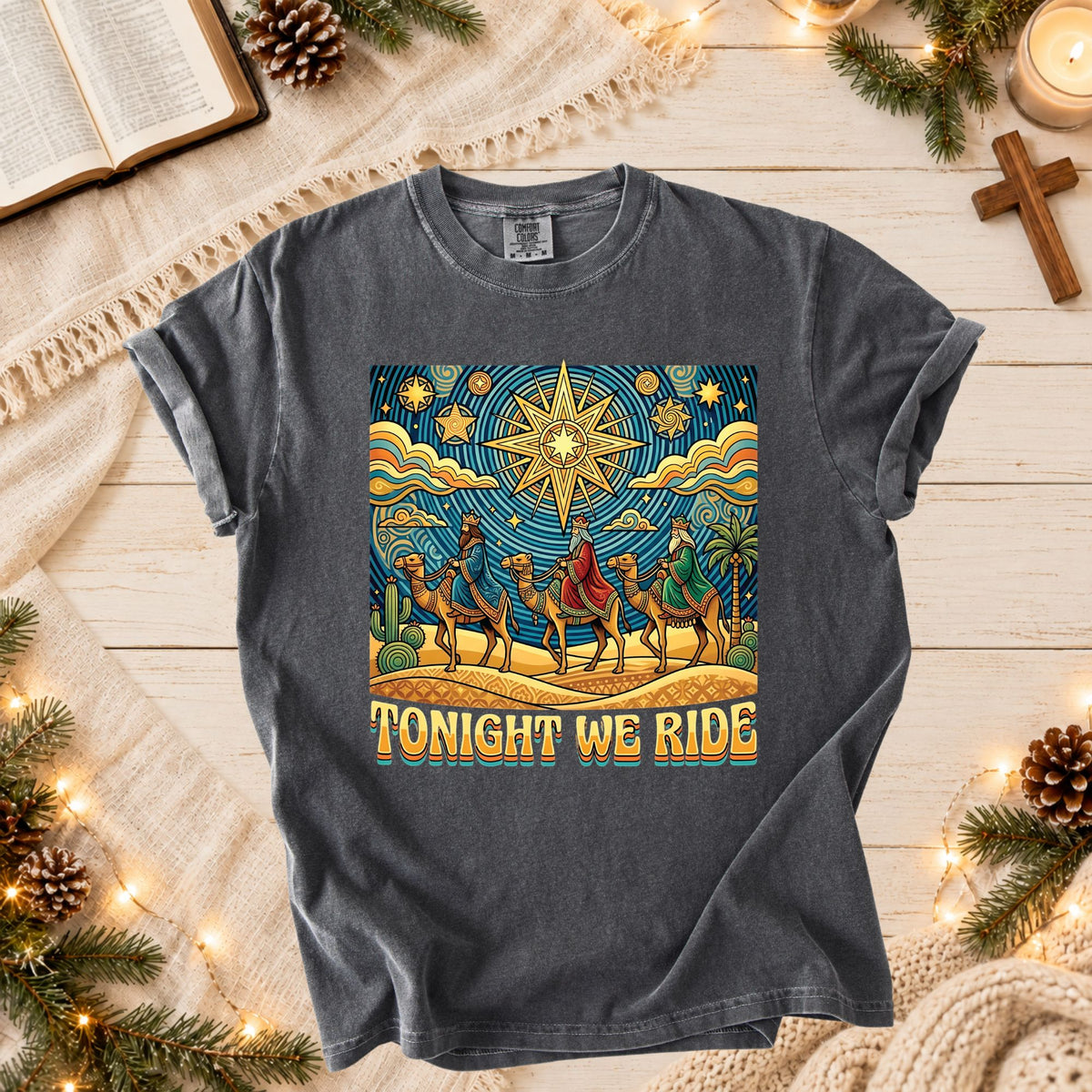 Faith Based Christmas T Shirt Tonight We Ride Three Wise Men Christian Nativity Camels Star Graphic Tee