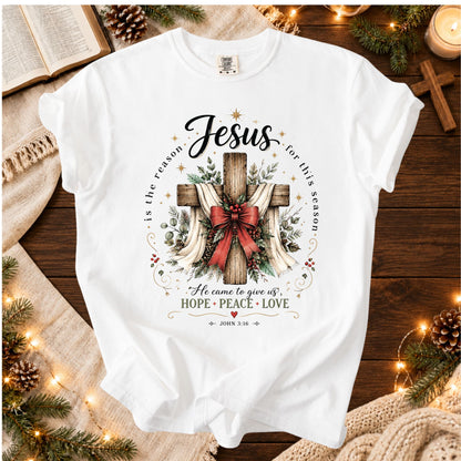 Jesus Is The Reason For This Season Christmas T Shirt, Christian Cross Red Bow Graphic Tee