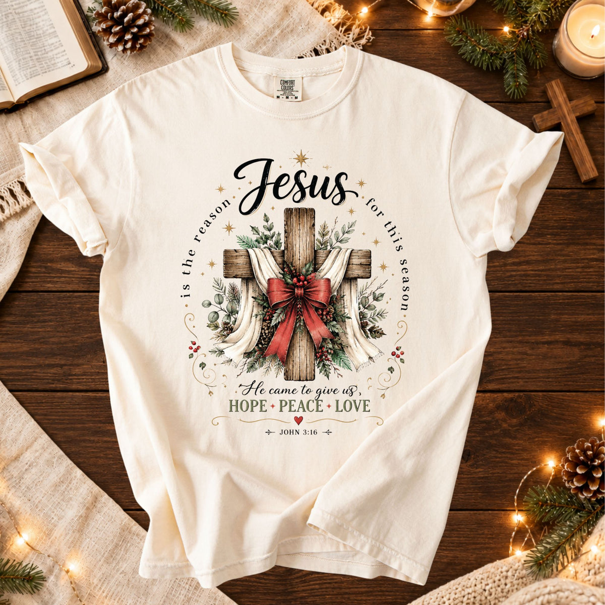 Jesus Is The Reason For This Season Christmas T Shirt, Christian Cross Red Bow Graphic Tee