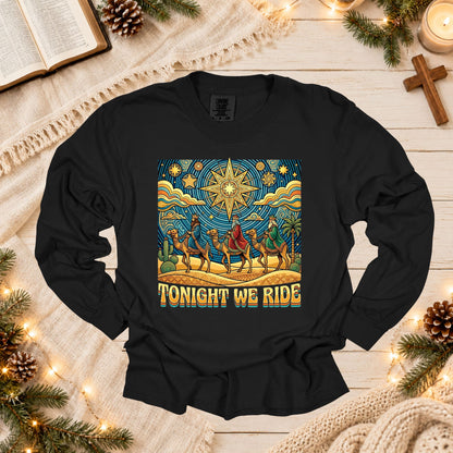 Faith Based Christmas T Shirt Tonight We Ride Three Wise Men Christian Nativity Camels Star Graphic Tee