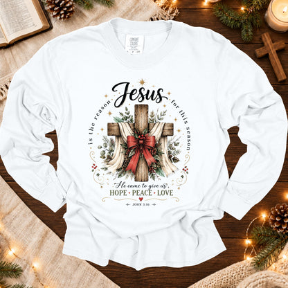 Jesus Is The Reason For This Season Christmas T Shirt, Christian Cross Red Bow Graphic Tee