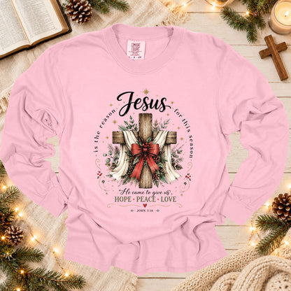 Jesus Is The Reason For This Season Christmas T Shirt, Christian Cross Red Bow Graphic Tee
