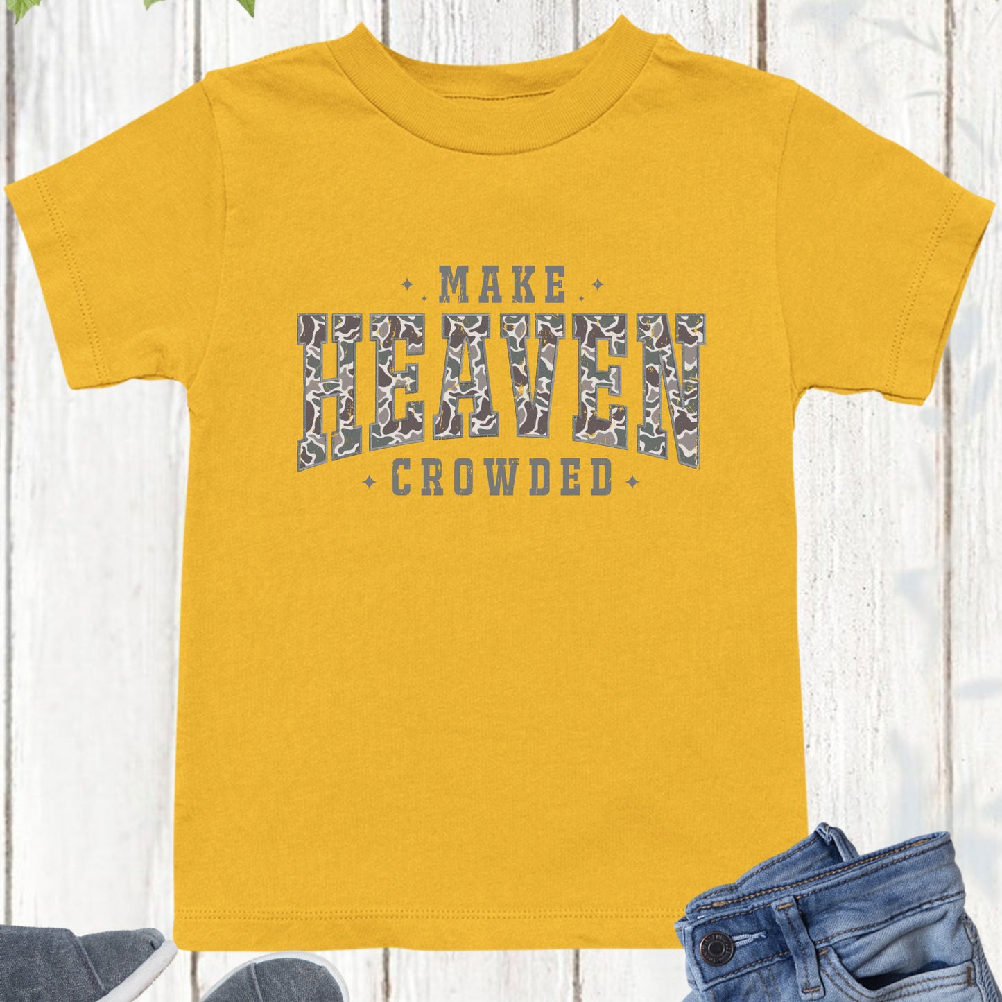 Camo Christian Kids T shirt Make Heaven Crowded