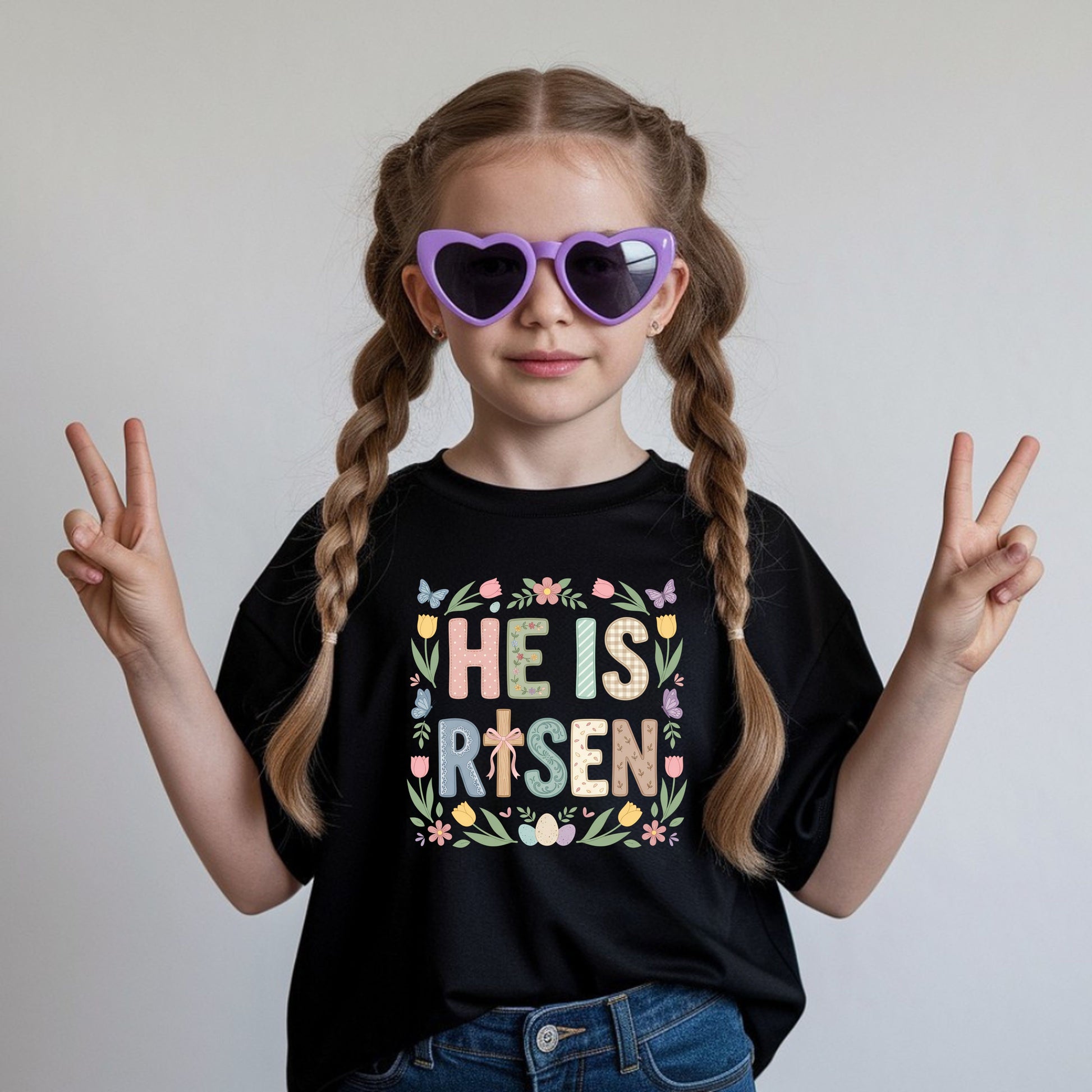 Easter Christian Floral Youth T Shirt He is Risen