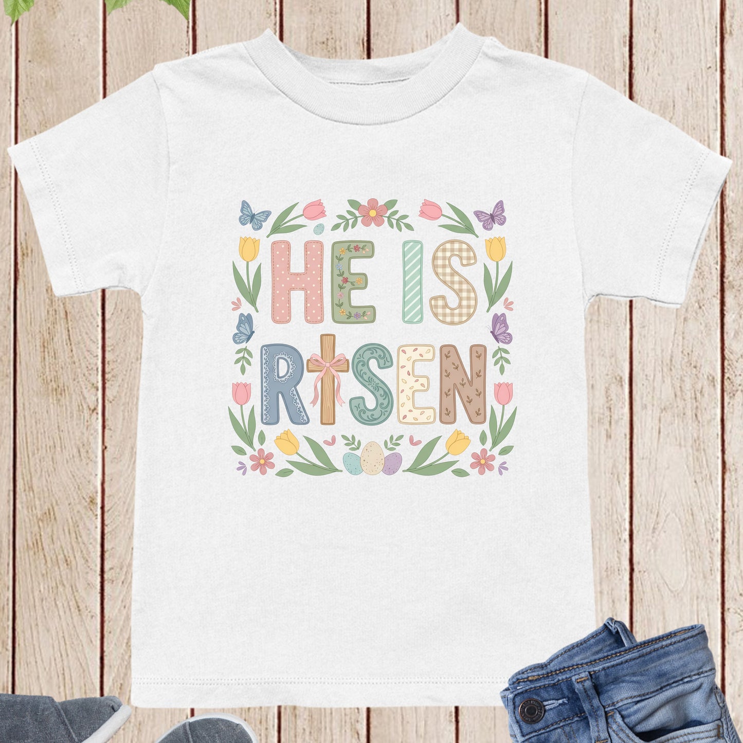 Easter Christian Floral Youth T Shirt He is Risen