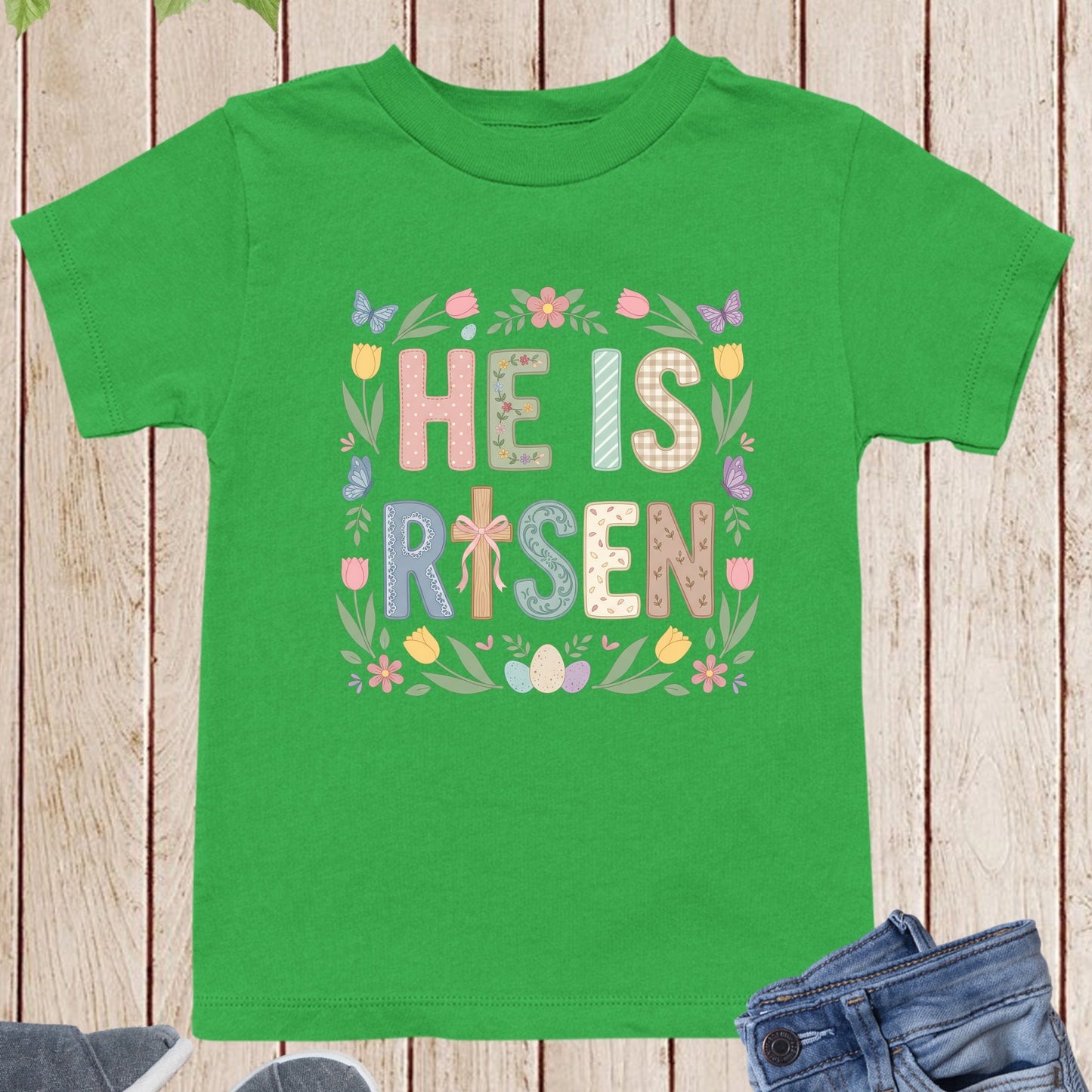 Easter Christian Floral Youth T Shirt He is Risen