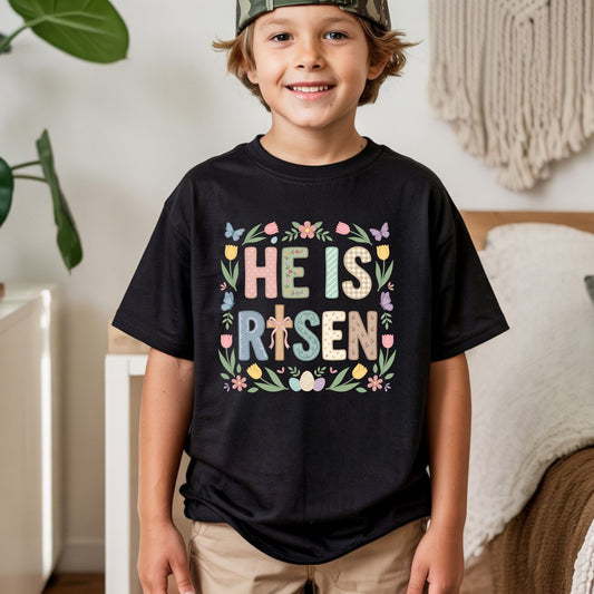 Easter Christian Floral Youth T Shirt He is Risen