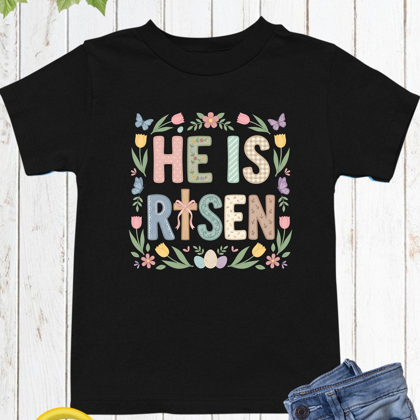 Easter Christian Floral Youth T Shirt He is Risen