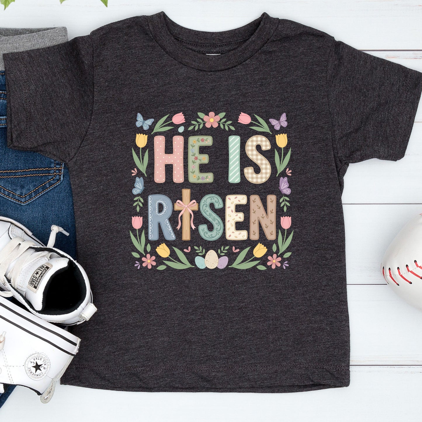 Easter Christian Floral Youth T Shirt He is Risen