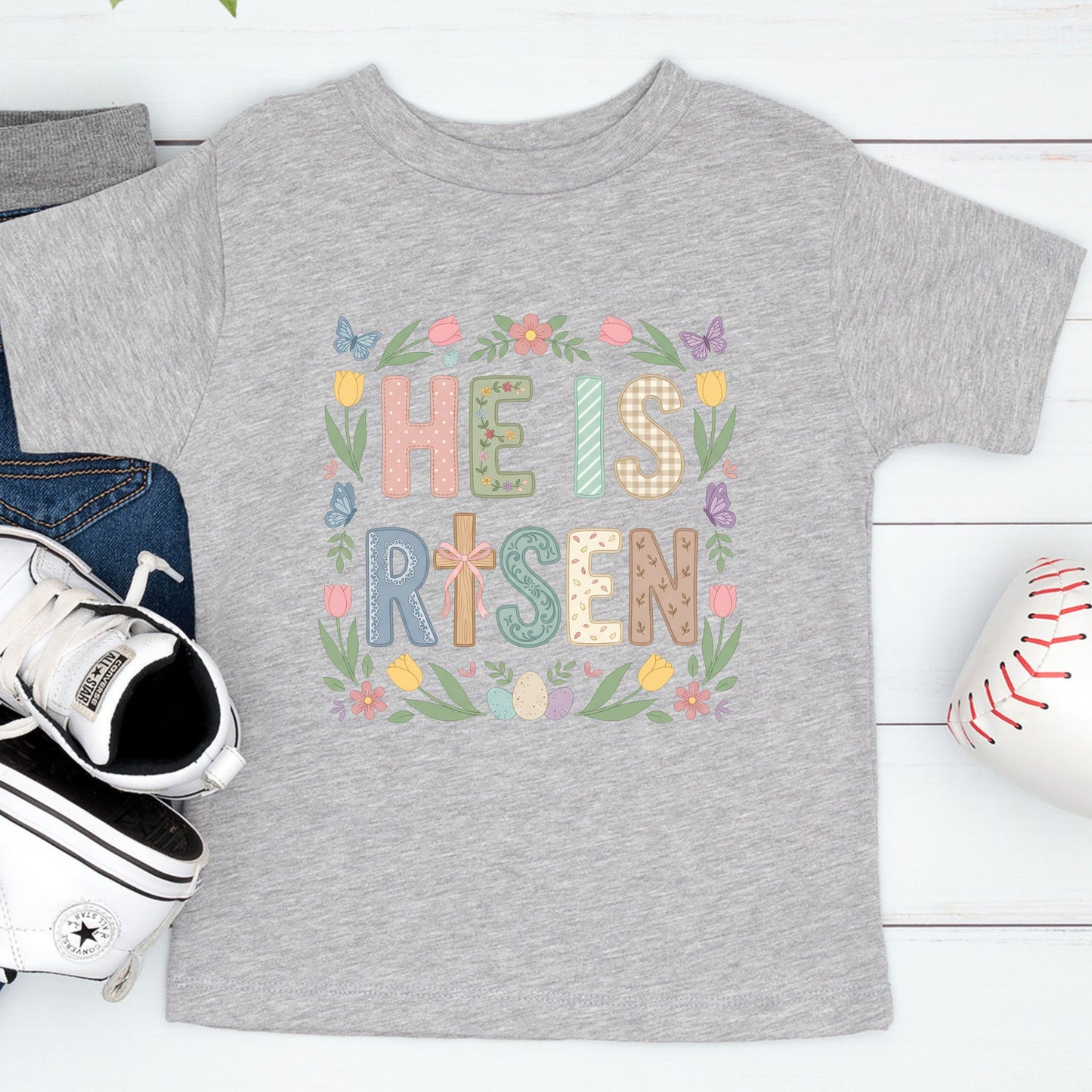 Easter Christian Floral Youth T Shirt He is Risen