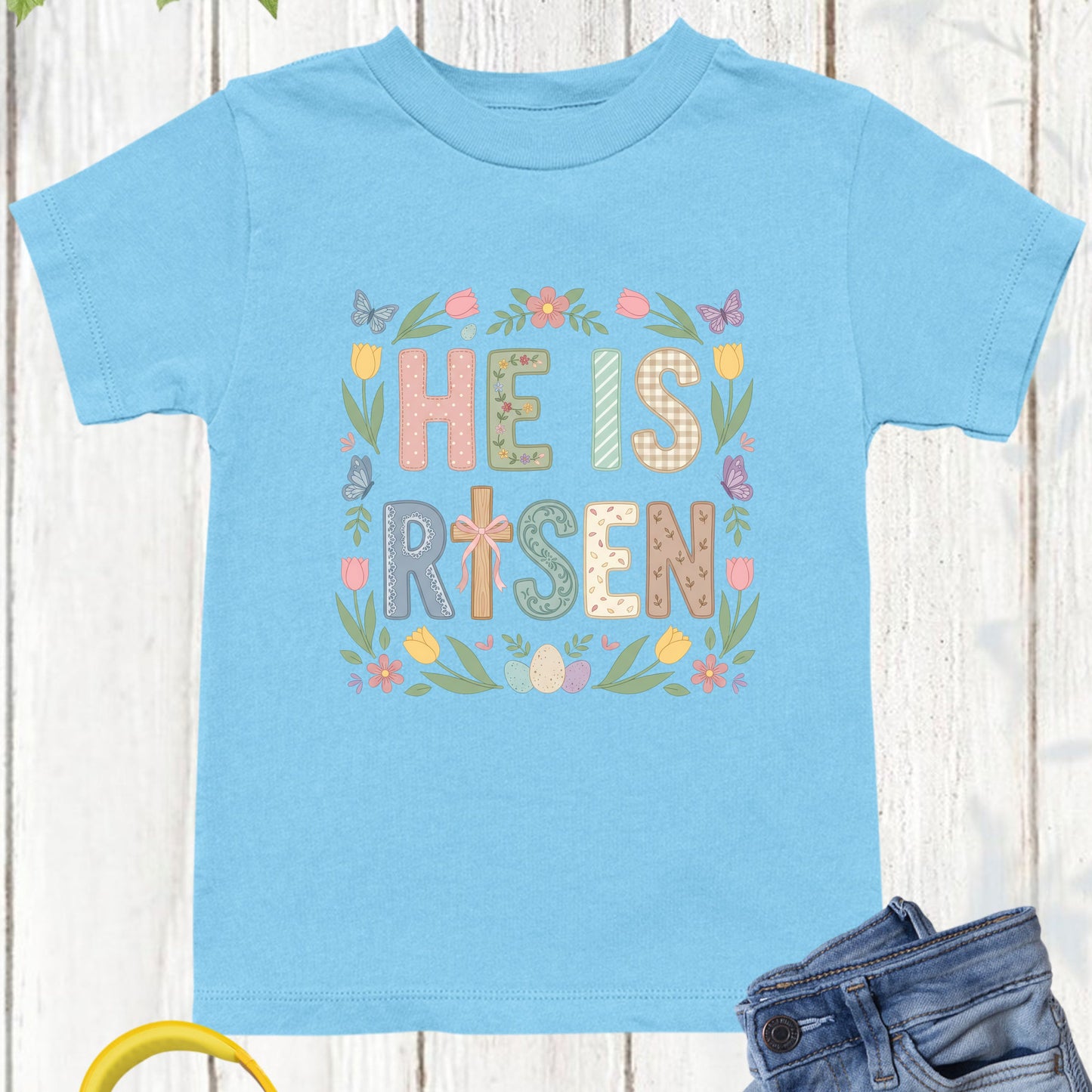 Easter Christian Floral Youth T Shirt He is Risen