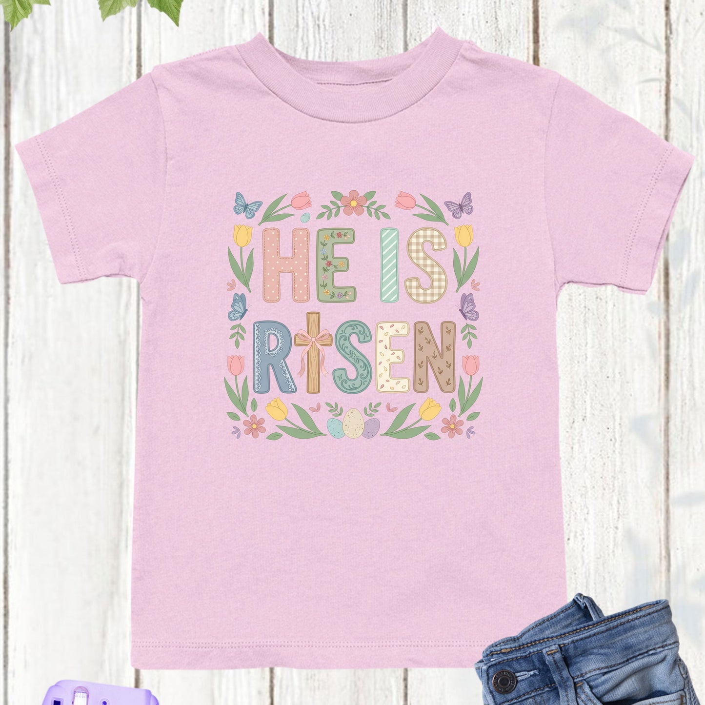 Easter Christian Floral Youth T Shirt He is Risen