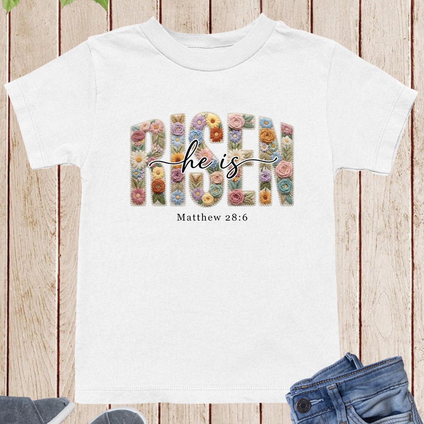 He is Risen Christian Floral Faux Yarn Kids T Shirt