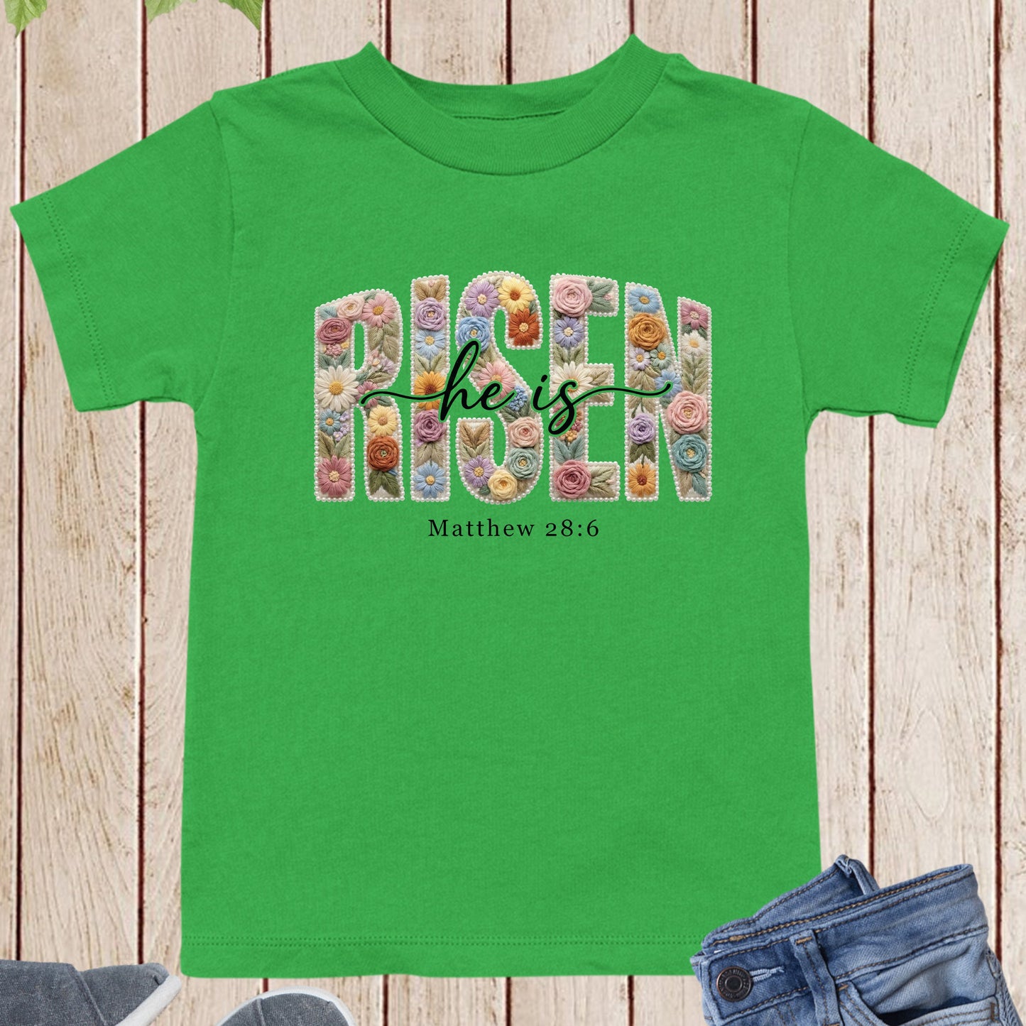 He is Risen Christian Floral Faux Yarn Kids T Shirt