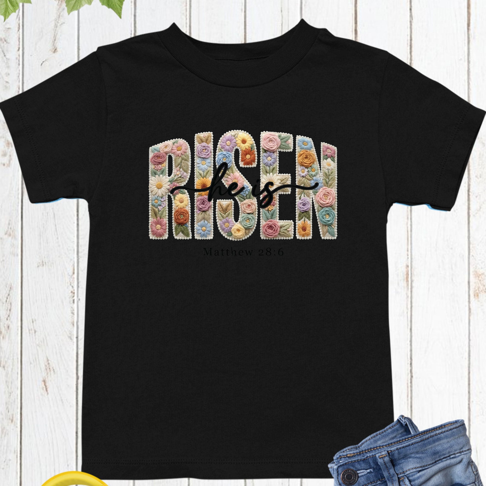 He is Risen Christian Floral Faux Yarn Kids T Shirt