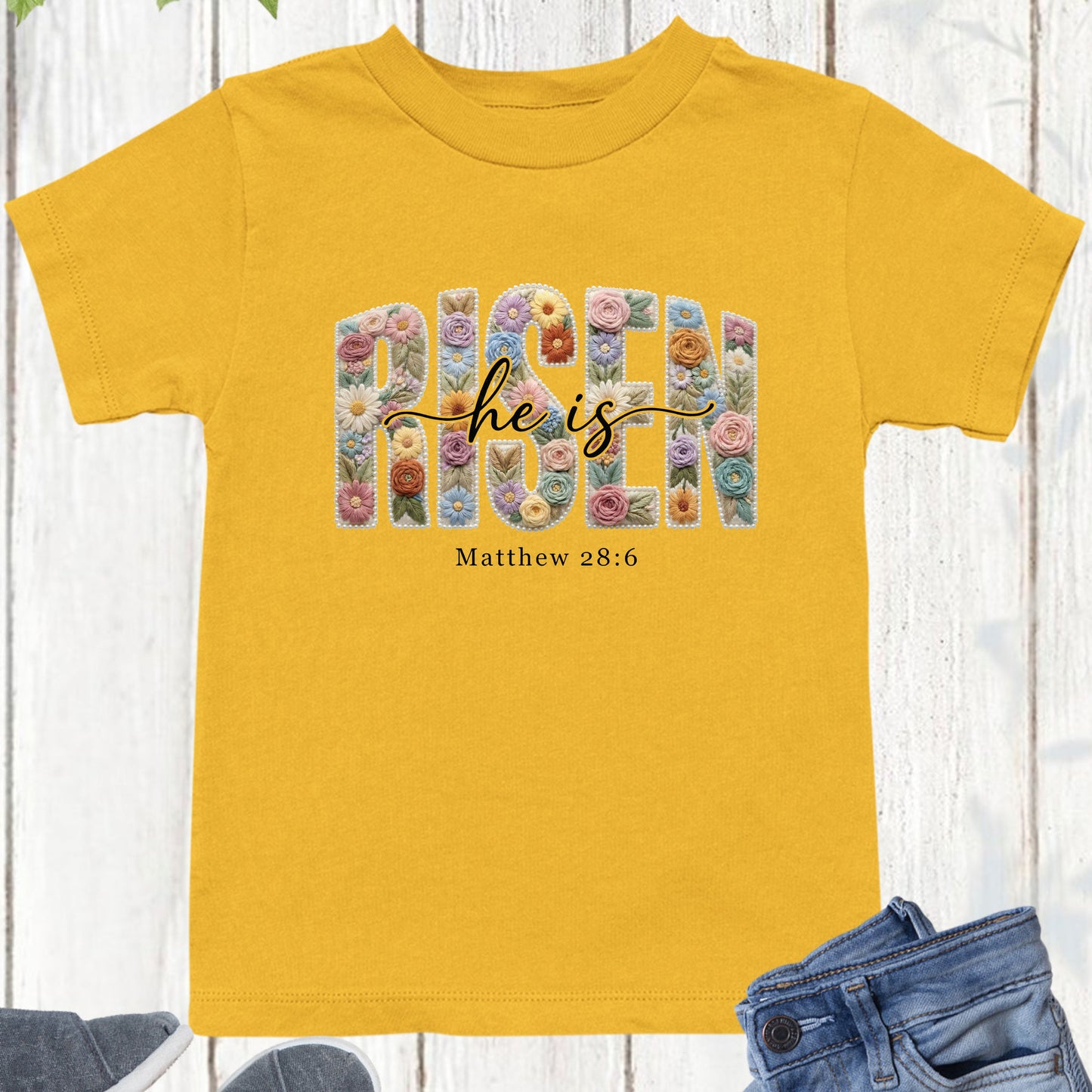 He is Risen Christian Floral Faux Yarn Kids T Shirt
