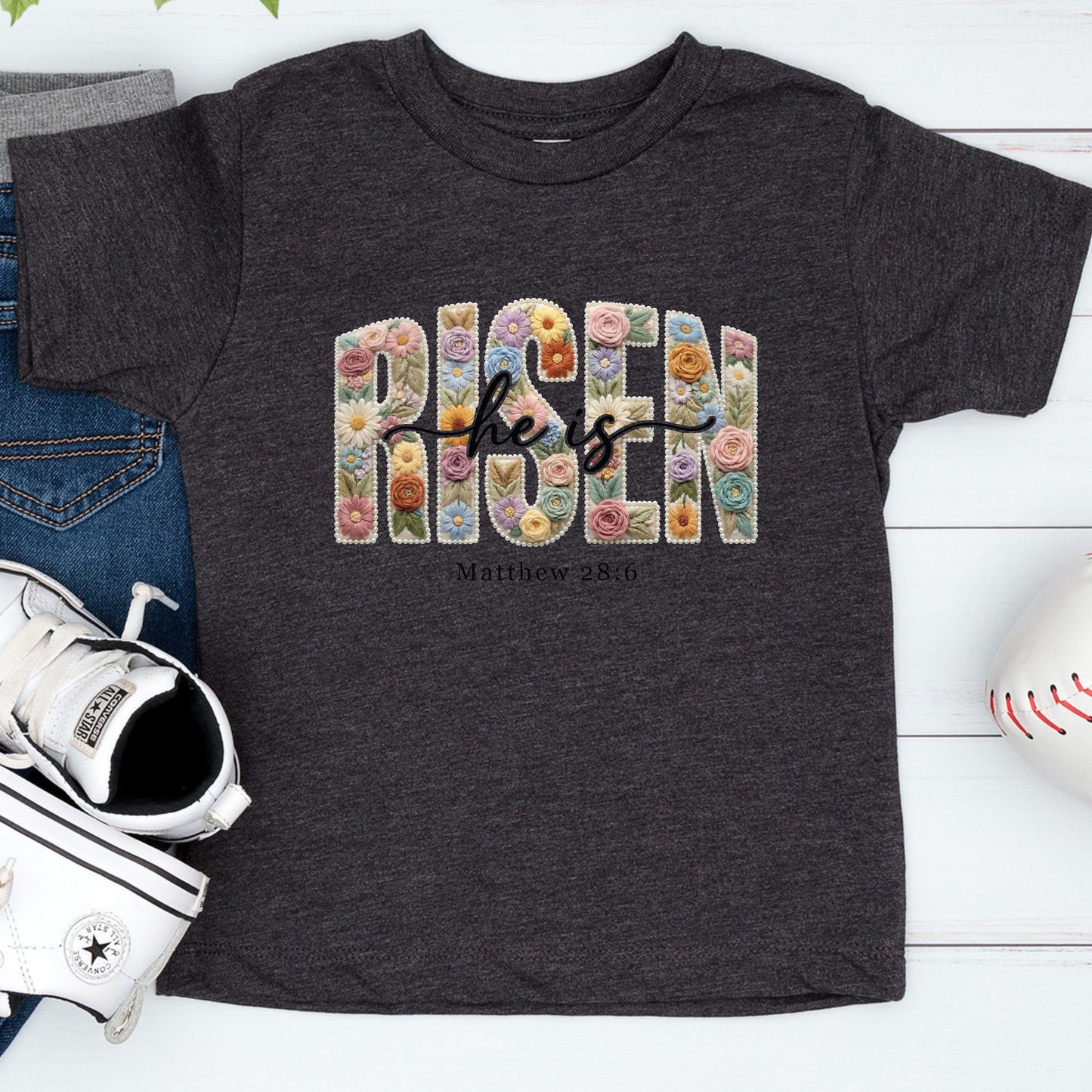 He is Risen Christian Floral Faux Yarn Kids T Shirt