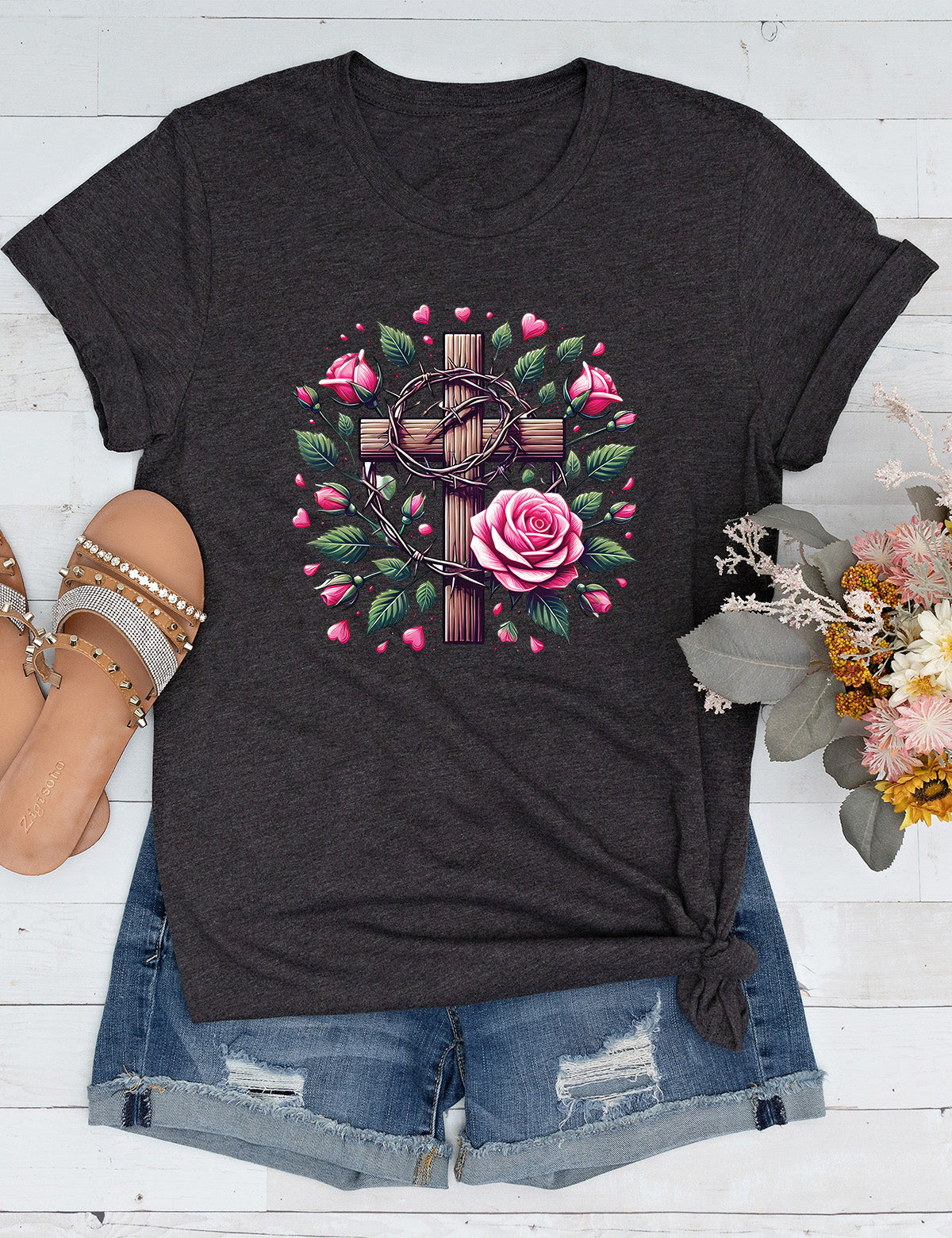 Christian Cross With Roses Religious Long Sleeve T Shirts