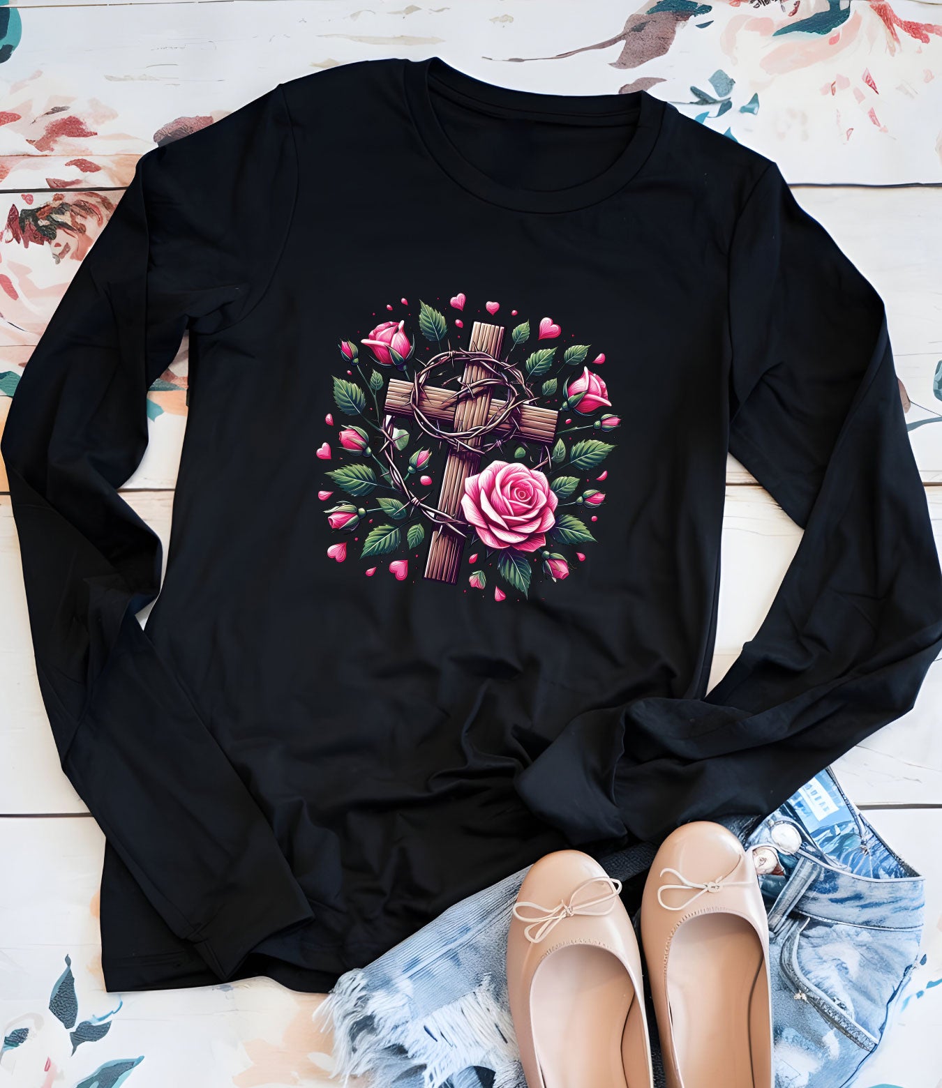 Christian Cross With Roses Religious Long Sleeve T Shirts