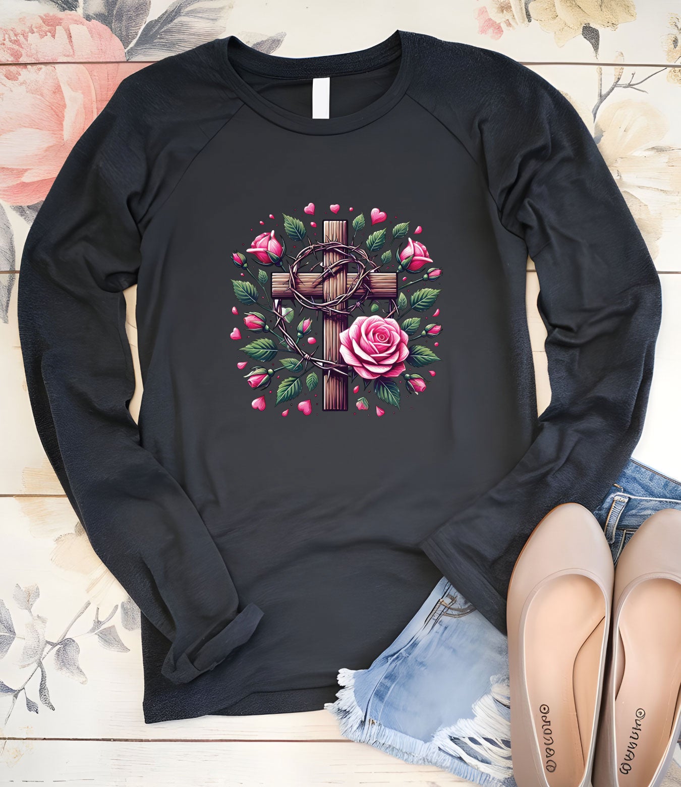 Christian Cross With Roses Religious Long Sleeve T Shirts