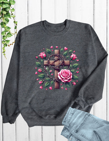 Christian Cross With Roses Religious Long Sleeve T Shirts