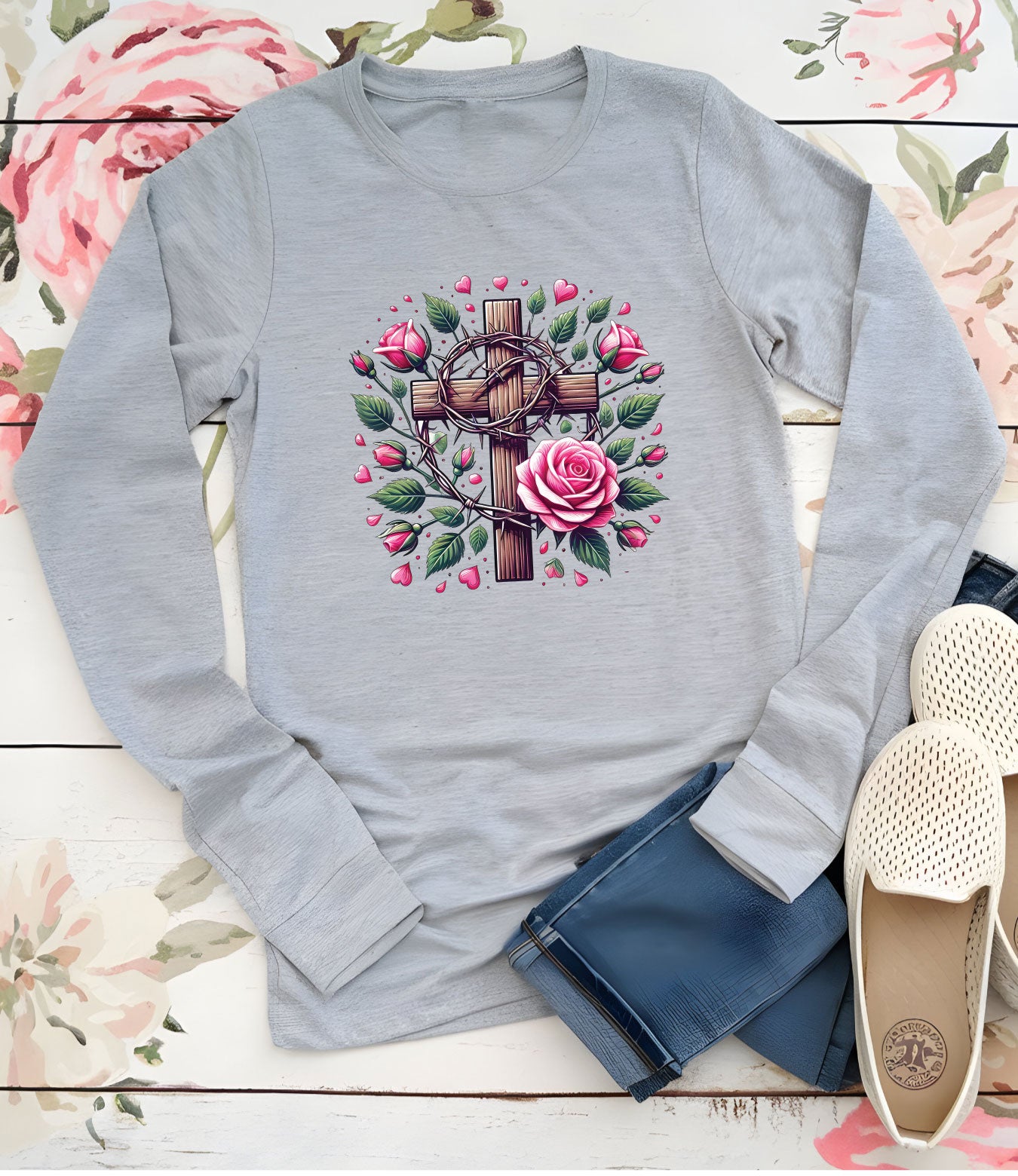 Christian Cross With Roses Religious Long Sleeve T Shirts