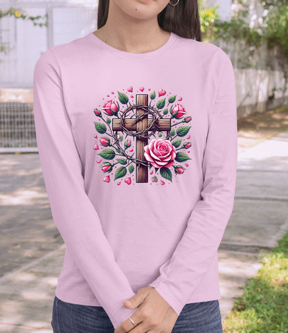 Christian Cross With Roses Religious Long Sleeve T Shirts