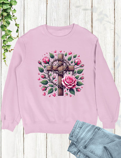 Christian Cross With Roses Religious Long Sleeve T Shirts