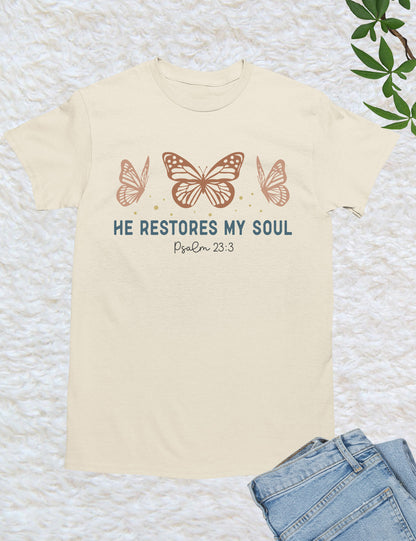 He Restores My Soul Boho Christian T Shirt