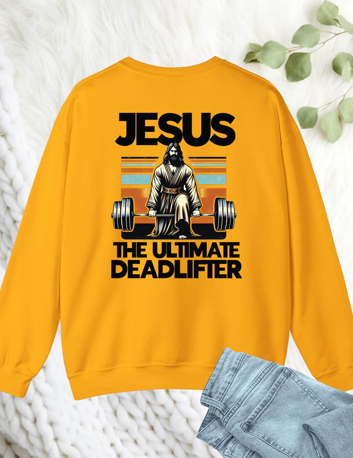 Jesus The Ultimate Deadlifter Trendy Christian Back Print Sweatshirt