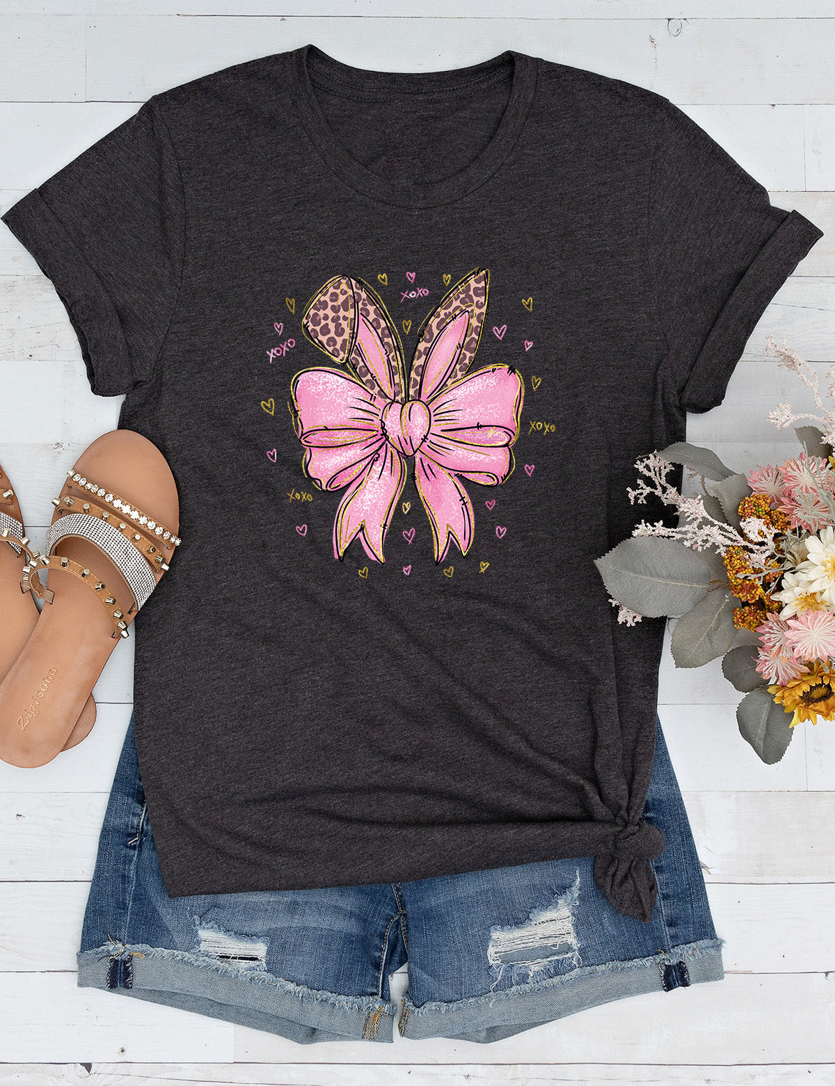 Leopard Bunny Ears With Pink Bow Long Sleeve Shirts