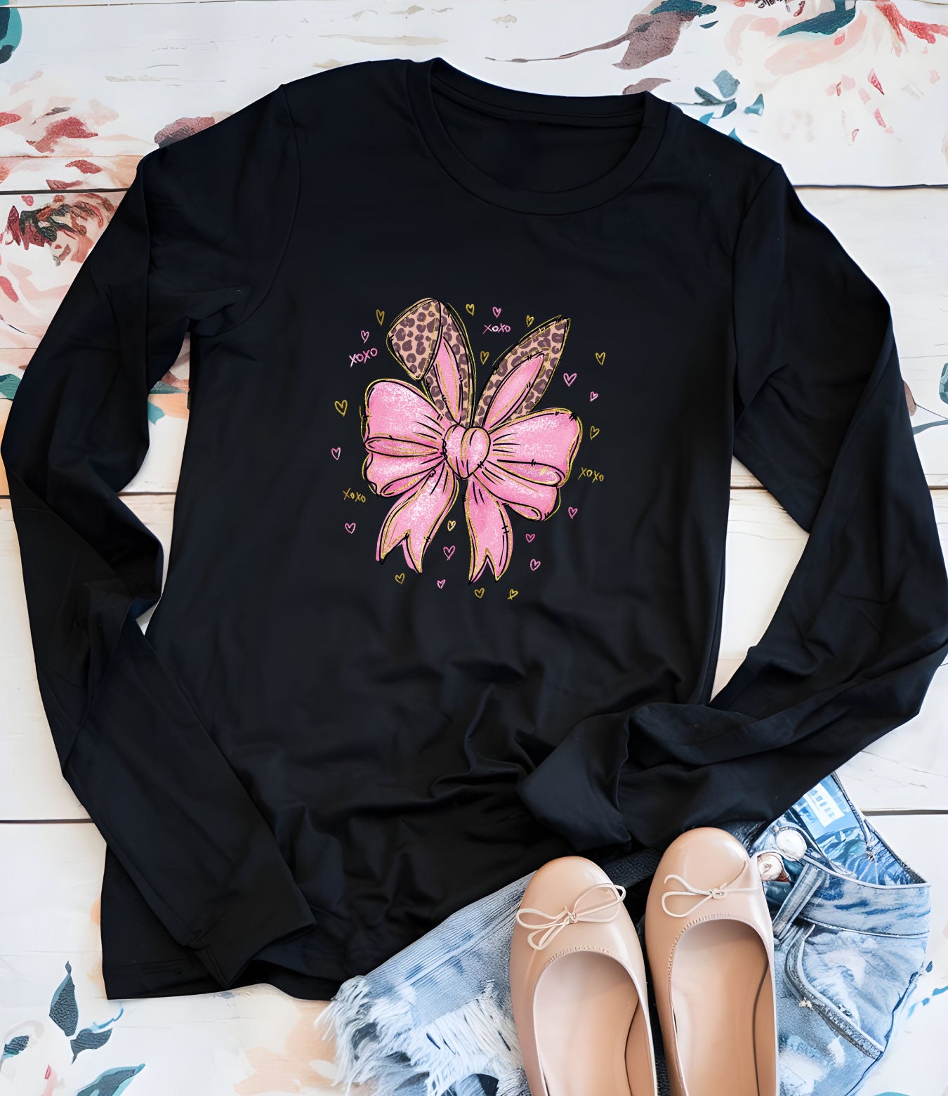 Leopard Bunny Ears With Pink Bow Long Sleeve Shirts