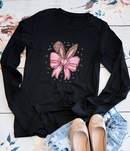 Leopard Bunny Ears With Pink Bow Long Sleeve Shirts