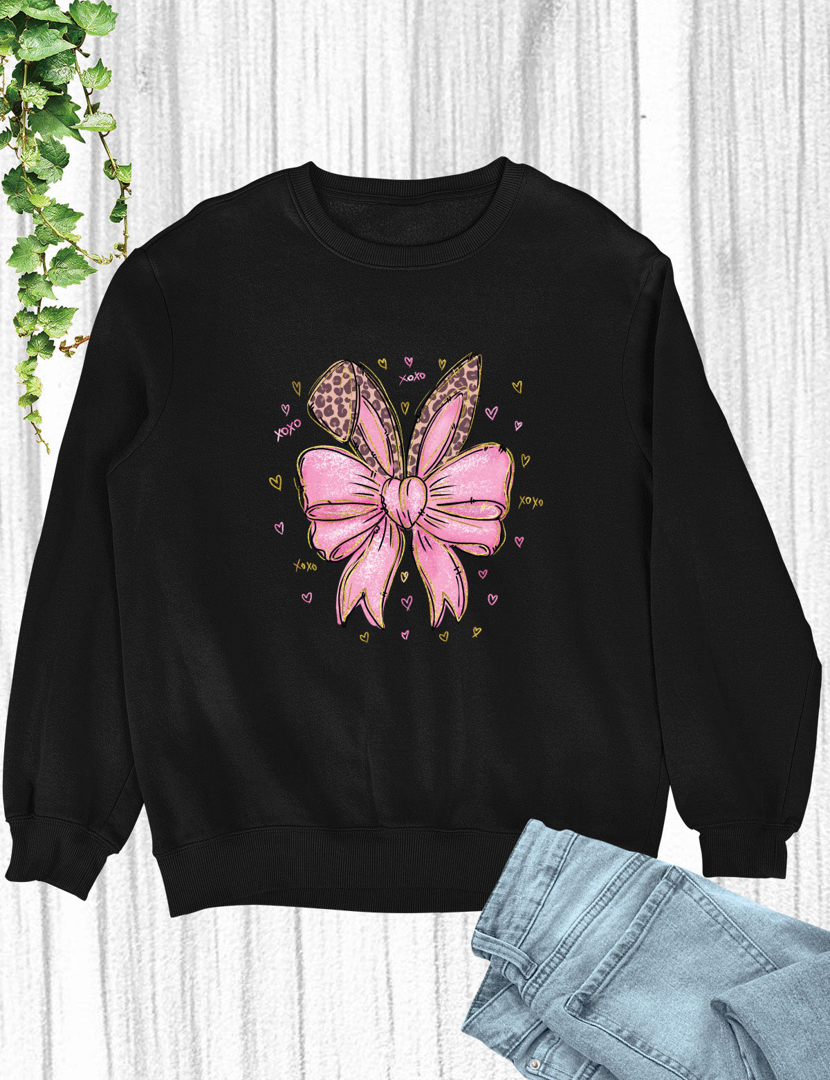 Leopard Bunny Ears With Pink Bow Long Sleeve Shirts