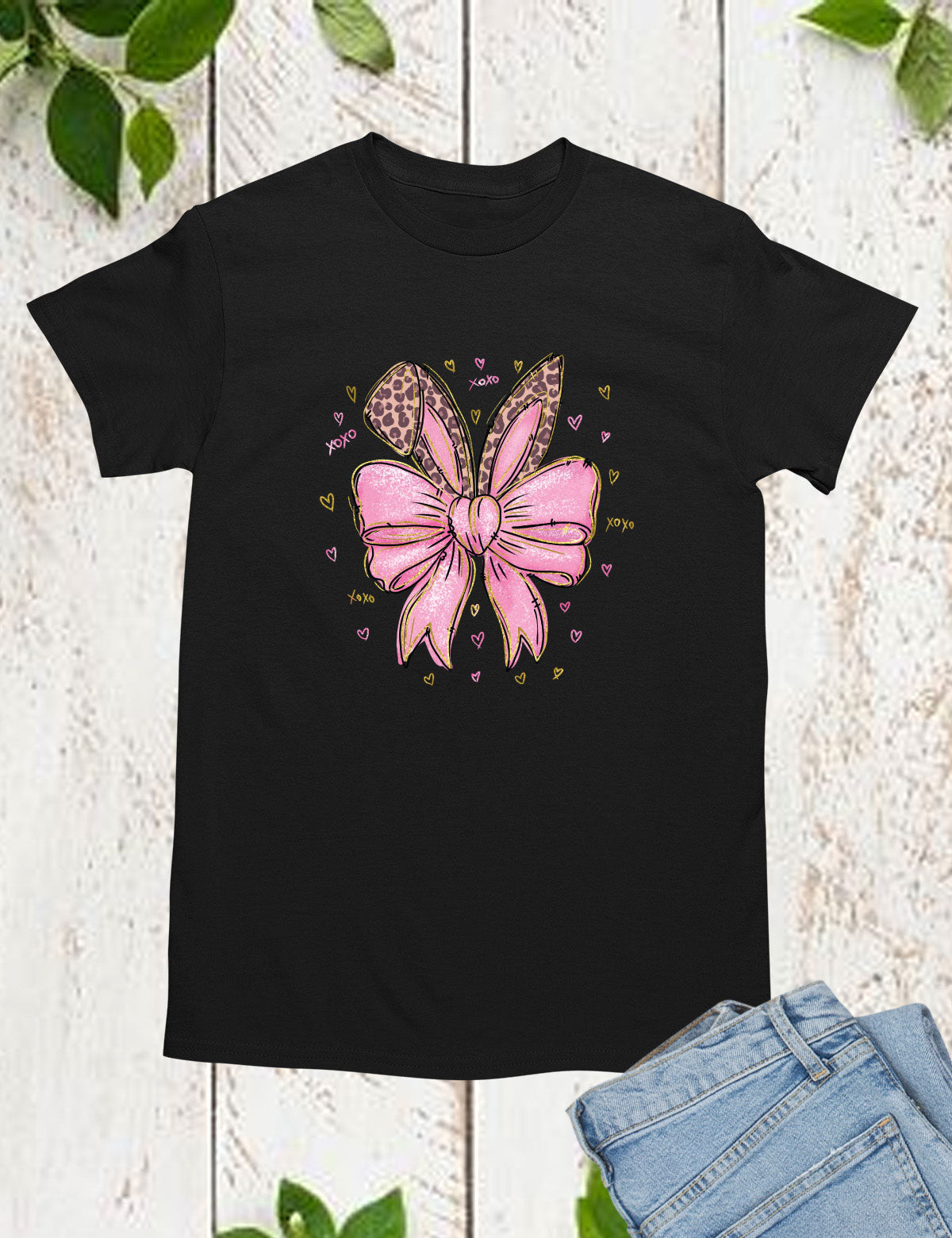 Leopard Bunny Ears With Pink Bow Long Sleeve Shirts