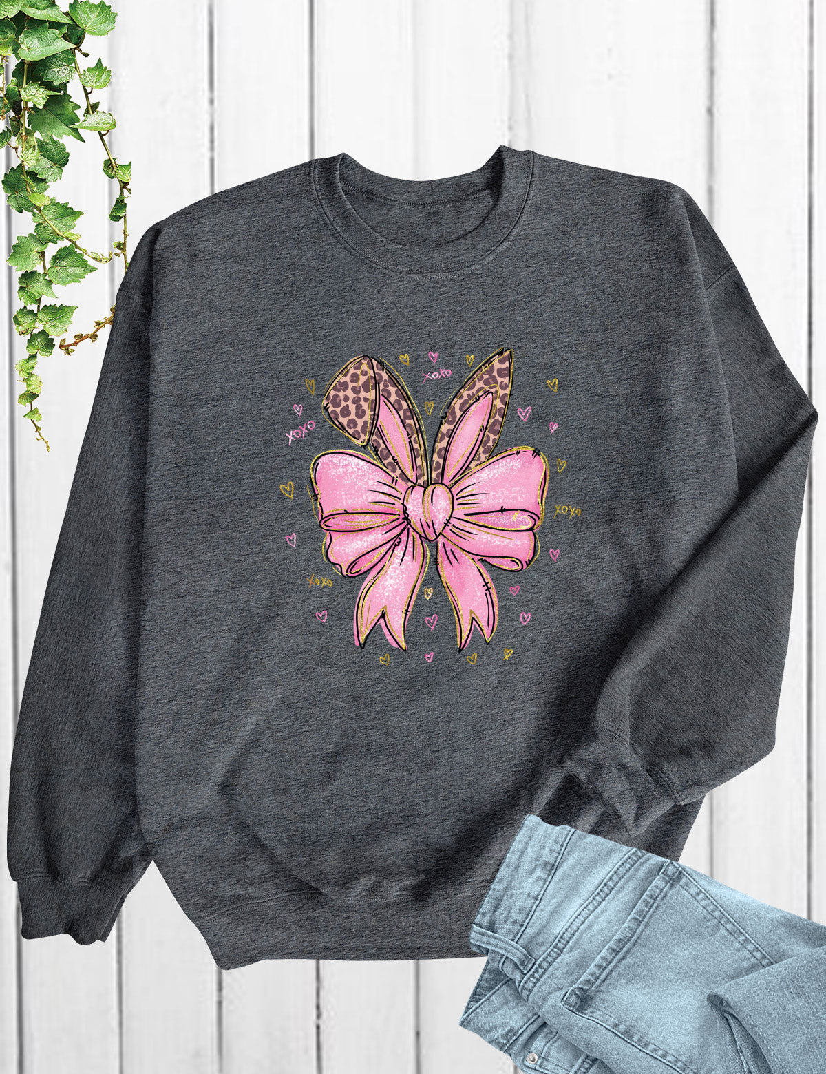 Leopard Bunny Ears With Pink Bow Long Sleeve Shirts