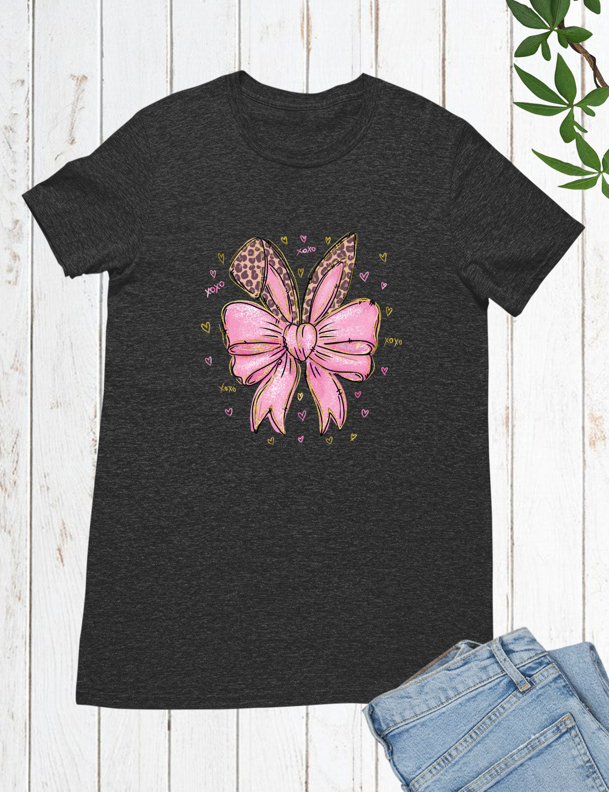 Leopard Bunny Ears With Pink Bow Long Sleeve Shirts