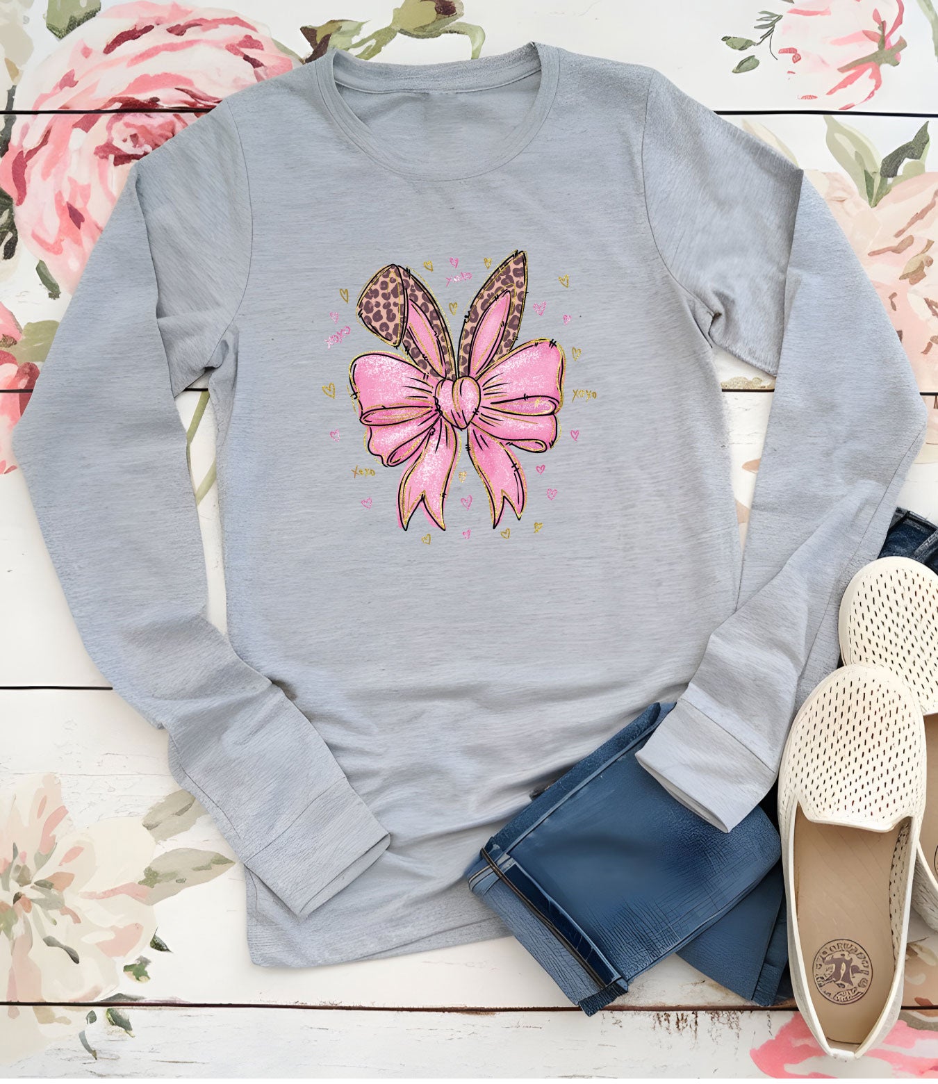 Leopard Bunny Ears With Pink Bow Long Sleeve Shirts