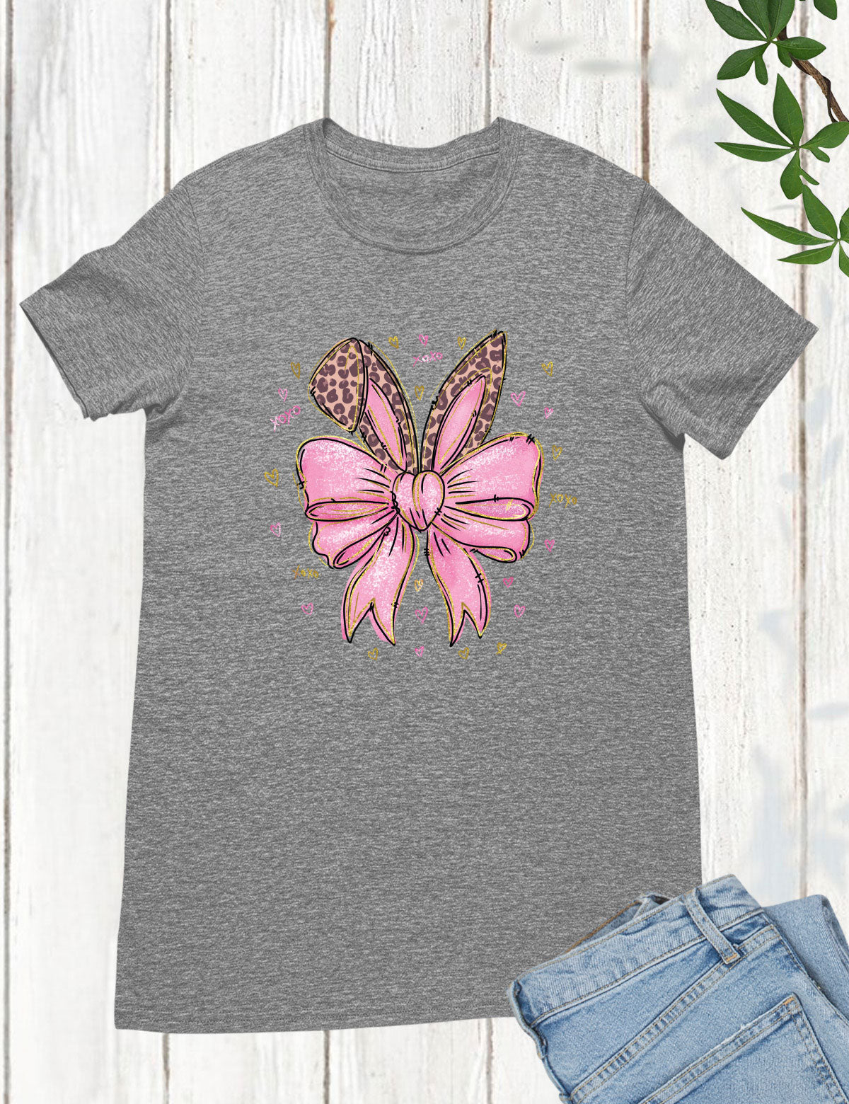 Leopard Bunny Ears With Pink Bow Long Sleeve Shirts
